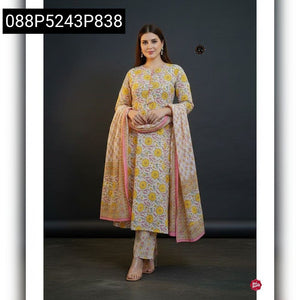 Women's Heavy Hand Work Cotton Kurti Pant Dupatta Set | Traditional Festive