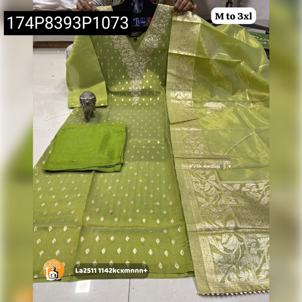 Women's Olive Green Heavy Handwork Kurti Set with V-Neck and Banarasi Dupatta