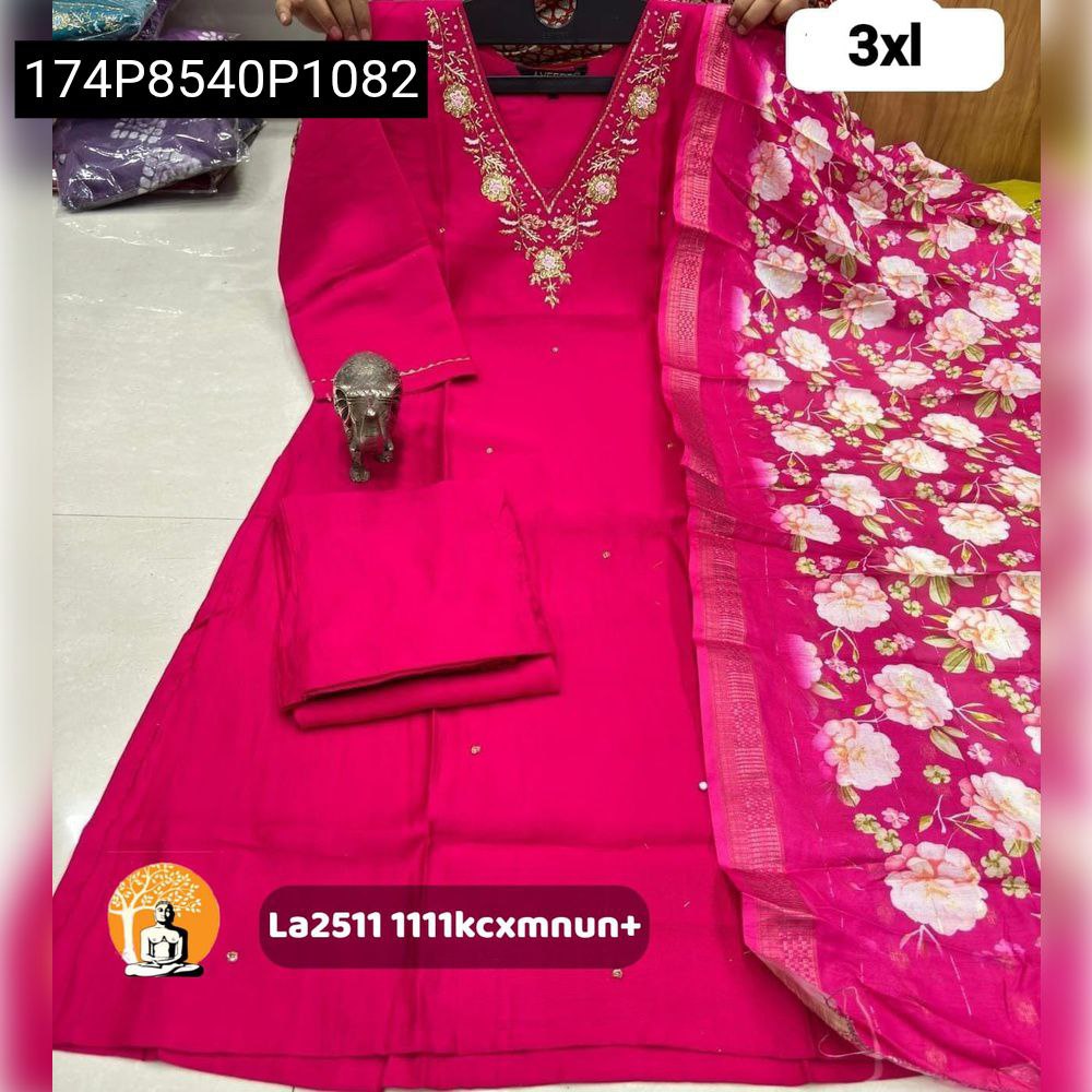 Vibrant Pink Women's Heavy V Work Kurti Pant Set with Floral Digital Dupatta