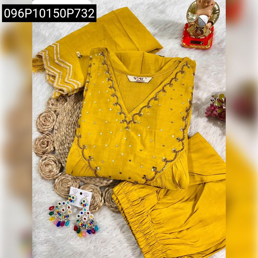 Yellow Women's Heavy Work Chanderi Kurti Pant Dupatta Set flatlay with earrings