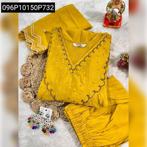 Women's Heavy Work Chanderi Round Kurti Pant Set with Dupatta | Festive Wear