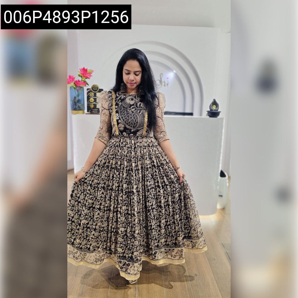 Women's Kalamkari Printed Maxi Dress, model posing front