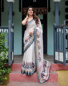 Women's Majestic Elephant Motif Linen Saree | Festive Elegance