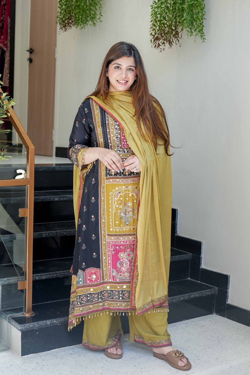 Women's Muslin Cotton Kurta Set in Black and Olive with Digital Print and Mirror Handwork, front view