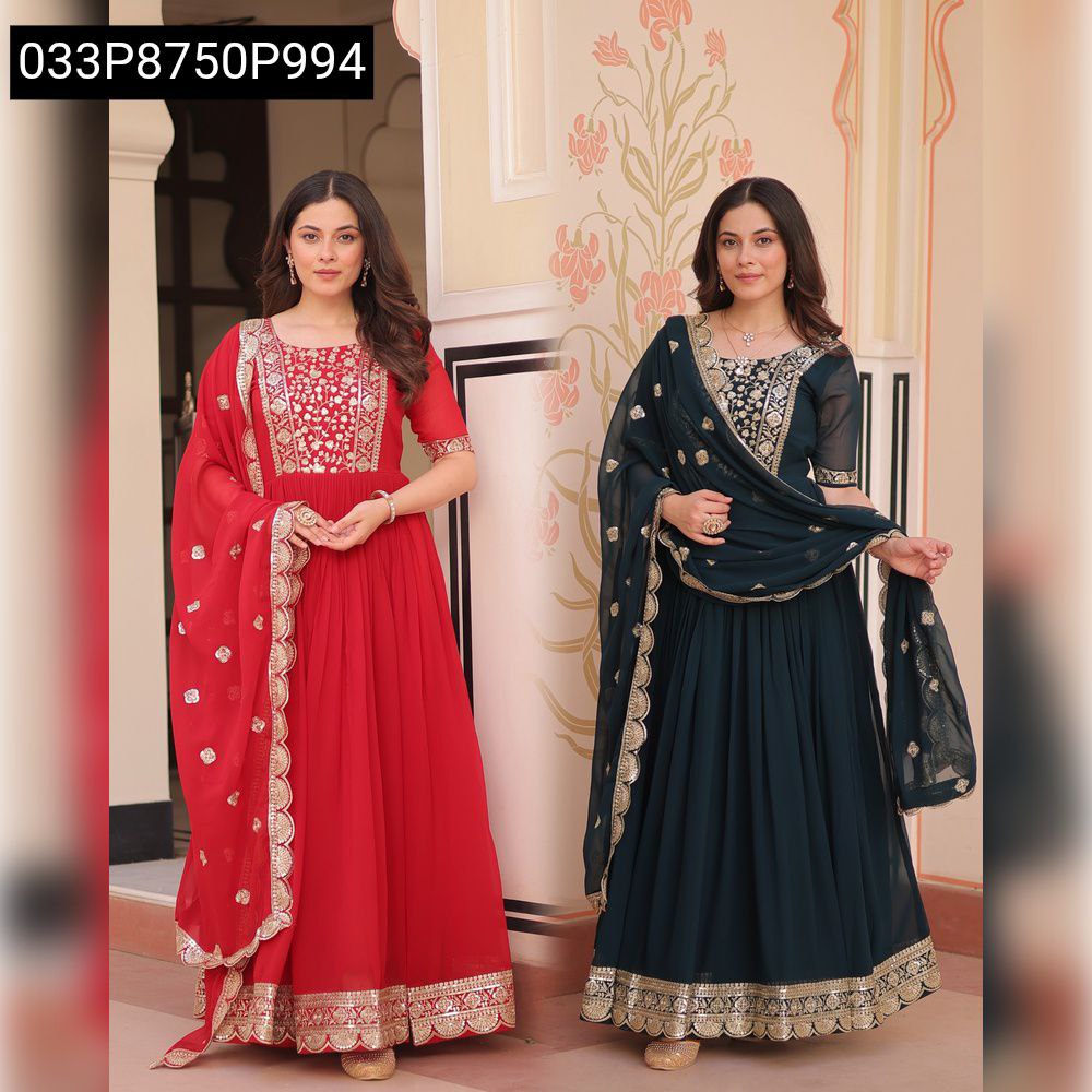 Two women modeling Red and Teal Green Party Wear Gowns with Zari Sequins embroidery.