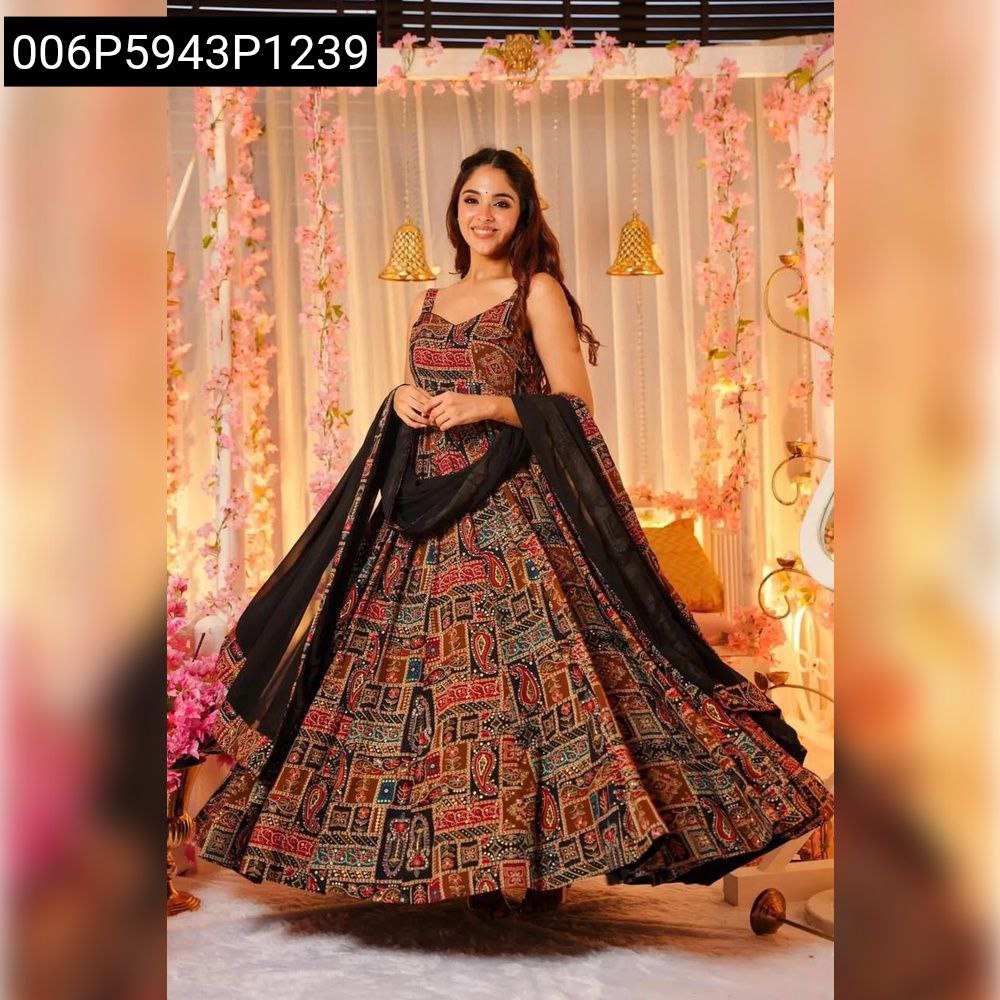 Women's Patola Digital Printed Anarkali Gown in multi-color, full view, model twirling elegantly with a black dupatta.