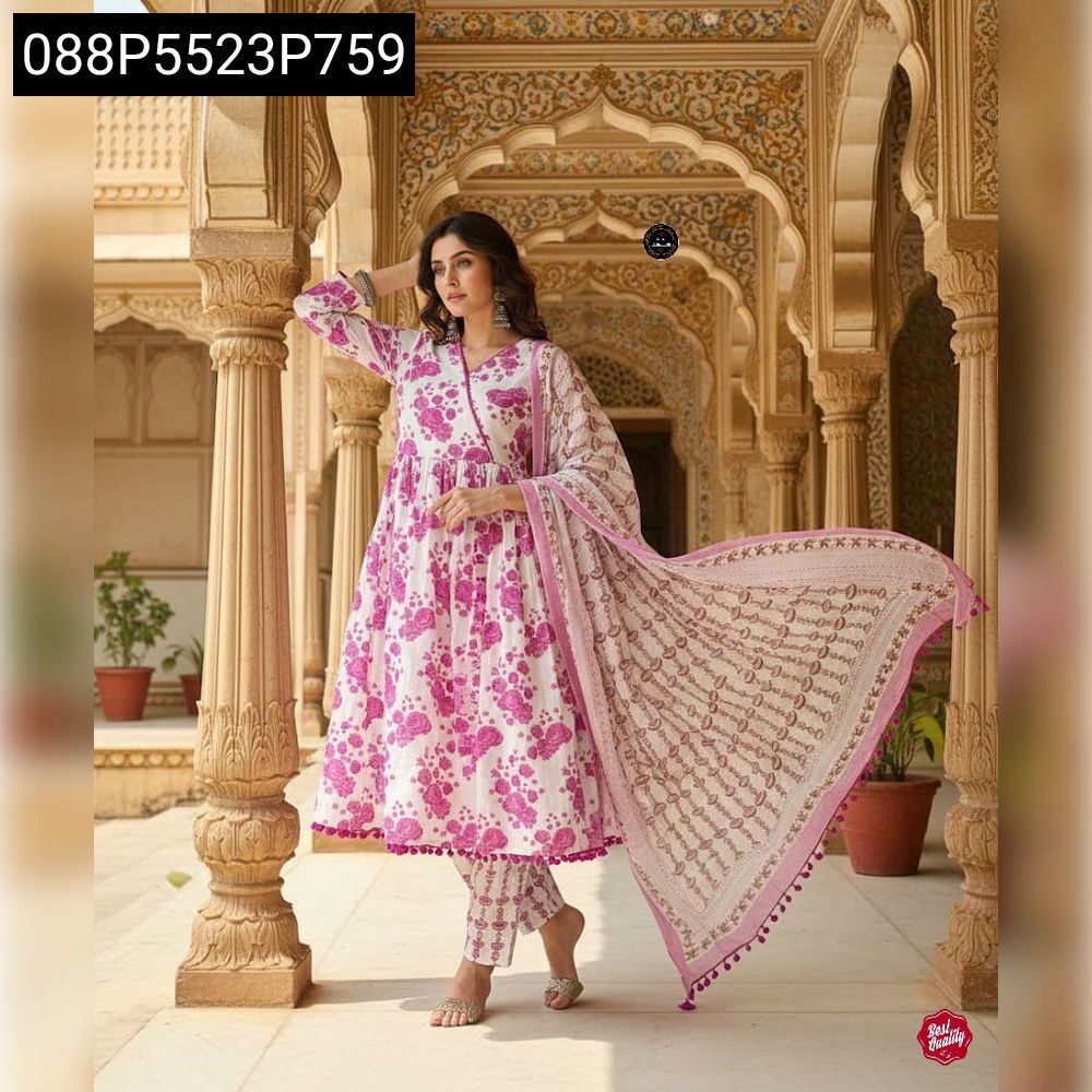 Women's Pink Floral Anarkali Kurti Pant Dupatta Set, full view, model posing gracefully in archway.