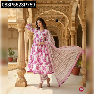 Women's Pink Floral Anarkali Kurti Pant Dupatta Set | Festive Elegance