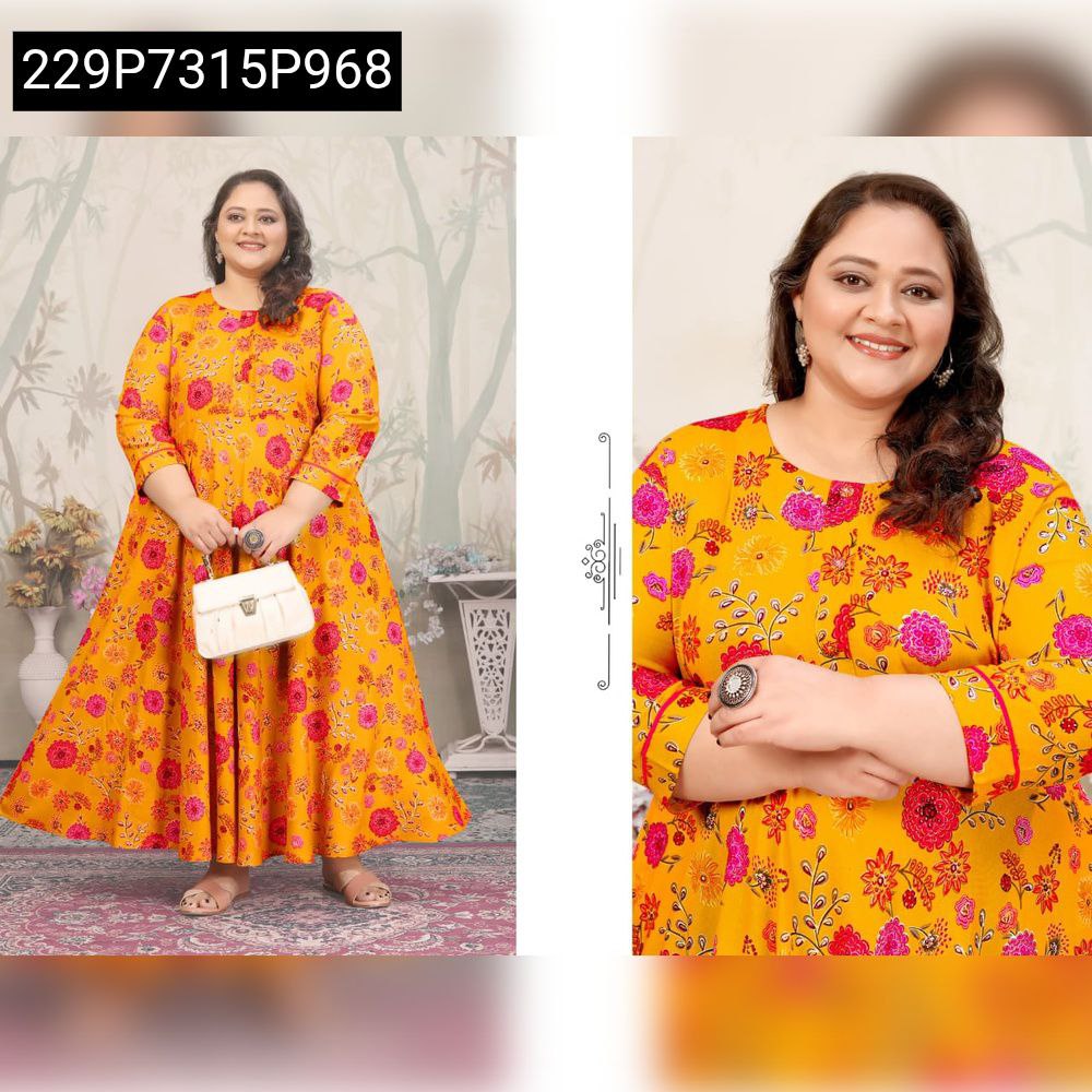 Plus size woman in yellow floral rayon long kurti, full body shot holding a white bag