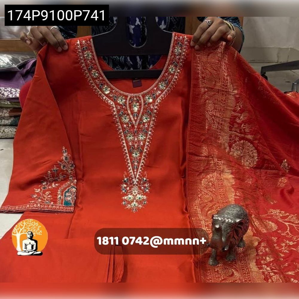 Women's Premium Hand Work Kurti Set in Fiery Orange with Banarasi Dupatta