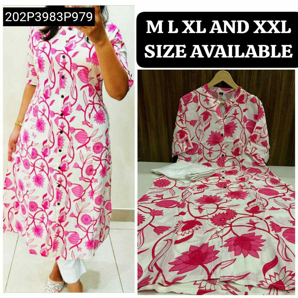 Woman wearing a pink and white floral A-line rayon kurta with white pants, front pose.