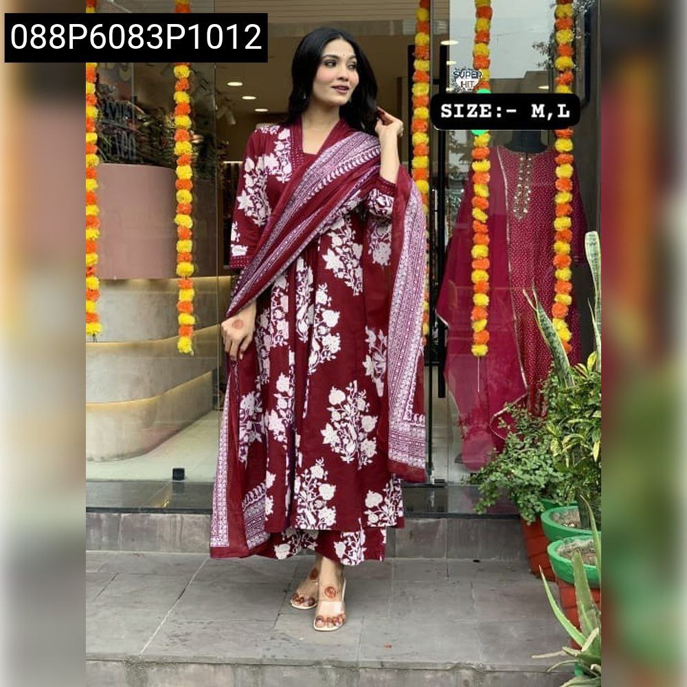 Women's Maroon Floral Printed Anarkali Kurta Set with Dupatta and Pants, model posing.