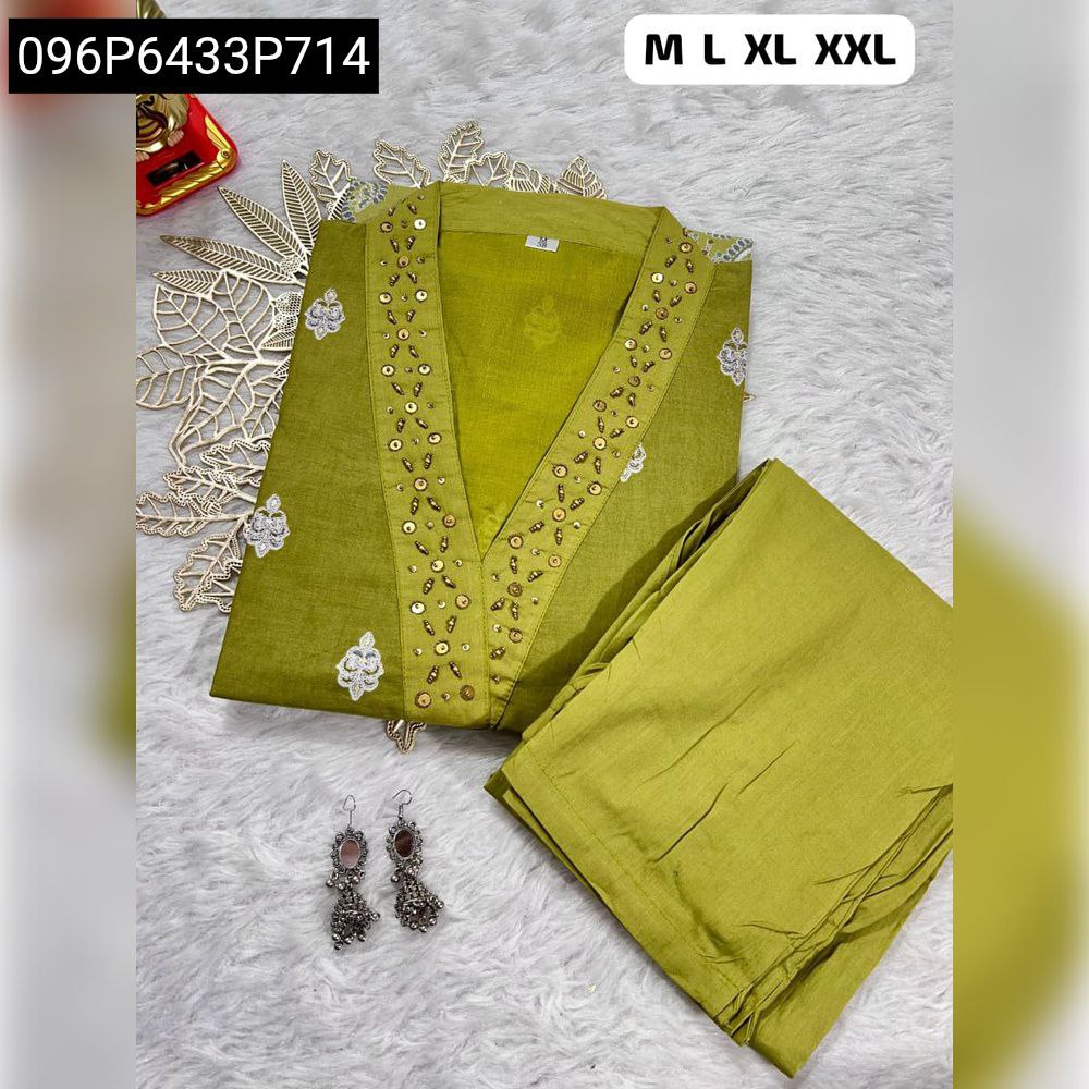 Women's Olive Green Cotton Cord Set with Handwork Neck