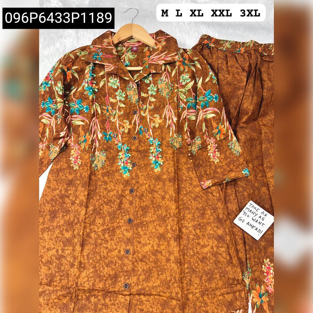 Full view of Women's Burnt Orange Floral V-neck cotton co-ord set with handwork, laid flat.