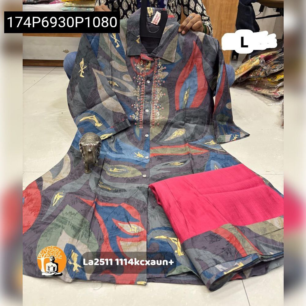 Women's Abstract Teal-Pink Printed Kurti with Pink Sharara Plazo Set