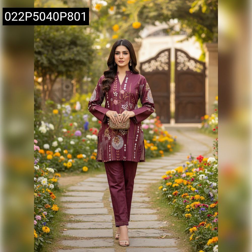 Woman in Crimson Red Geometric Print Linen Cotton Pant Set, walking outdoors in a garden