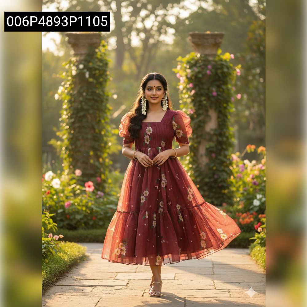 Women's Maroon Floral Printed Maxi Dress, Model Posing in Garden