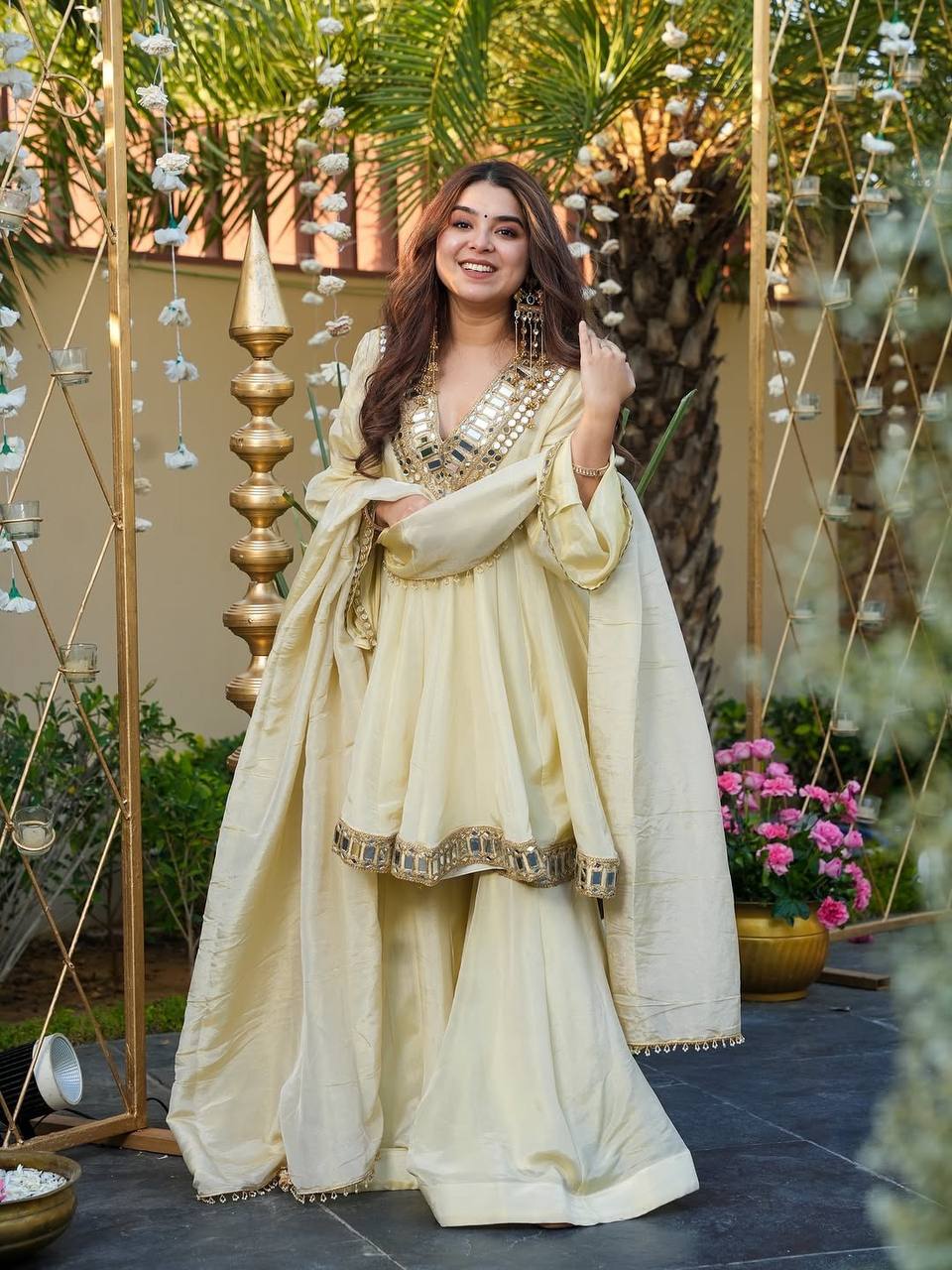 Women's Cream Cosmos Fabric Palazzo Suit with Real Mirror Work for Festive Occasion - Full View