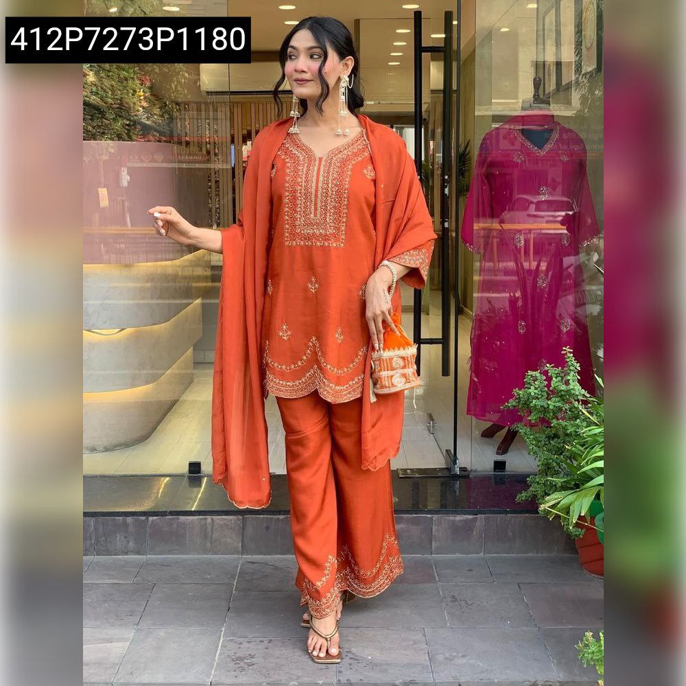 Model showcasing Rust Orange Roman Silk 3-piece Palazzo Set, looking confident and chic