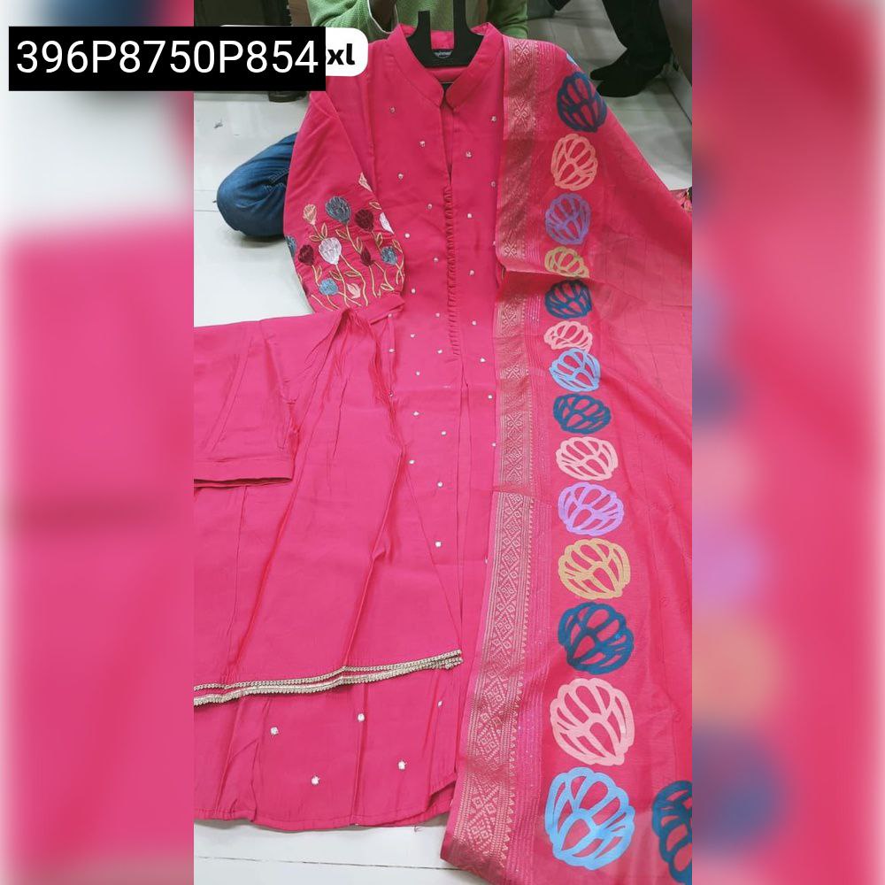 Women's Roman Silk Embroidered Kurta Set in Pink with Plazo Pant and Digital Print Dupatta