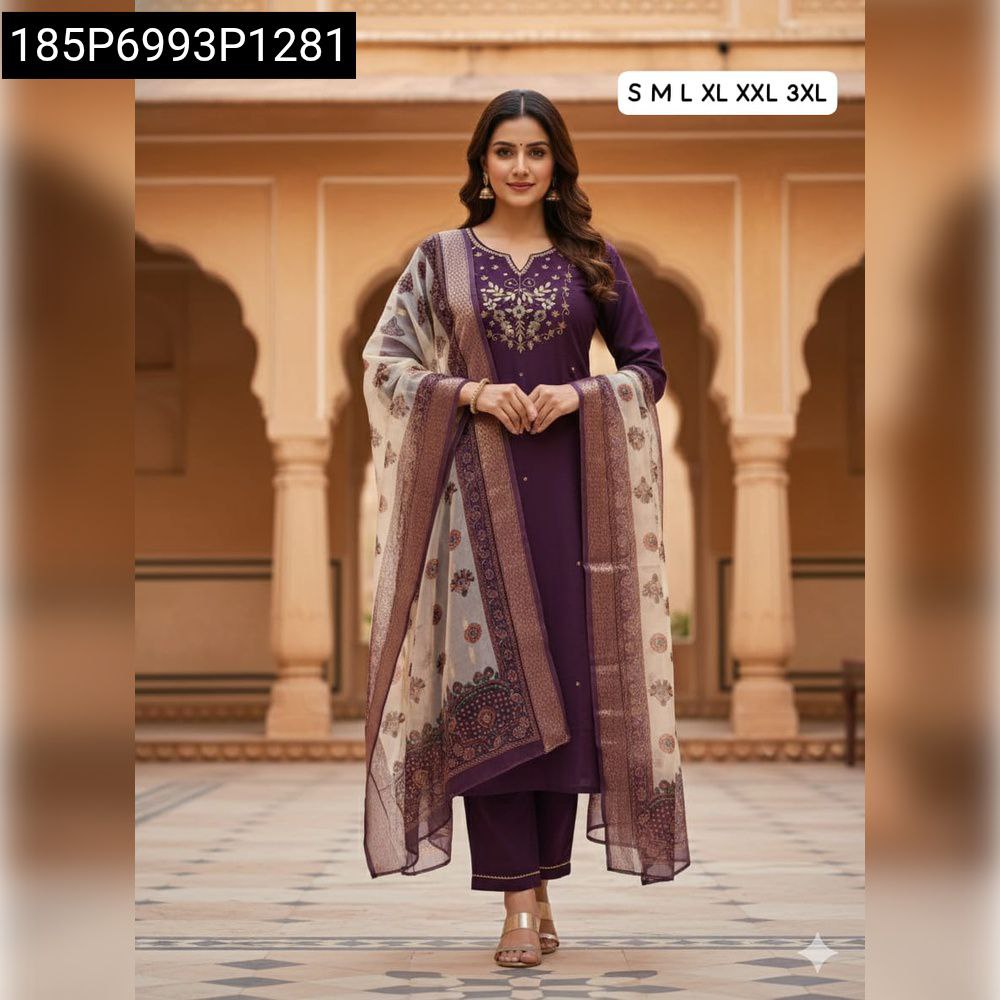 Women's Roman Silk Hand Work Suit in Purple with Digital Dupatta, model posing elegantly