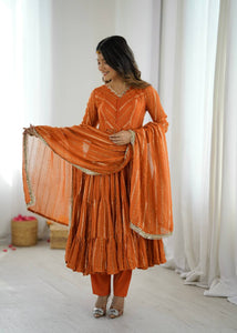 Women's Ruffle Gown Dress | Mirror Work Festive Mal Chanderi