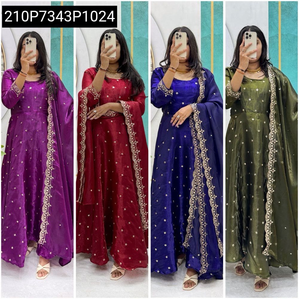 Four women's sequin embroidered gowns in Lavender, Maroon, Royal Blue, and Deep Olive, showcasing elegant party wear.