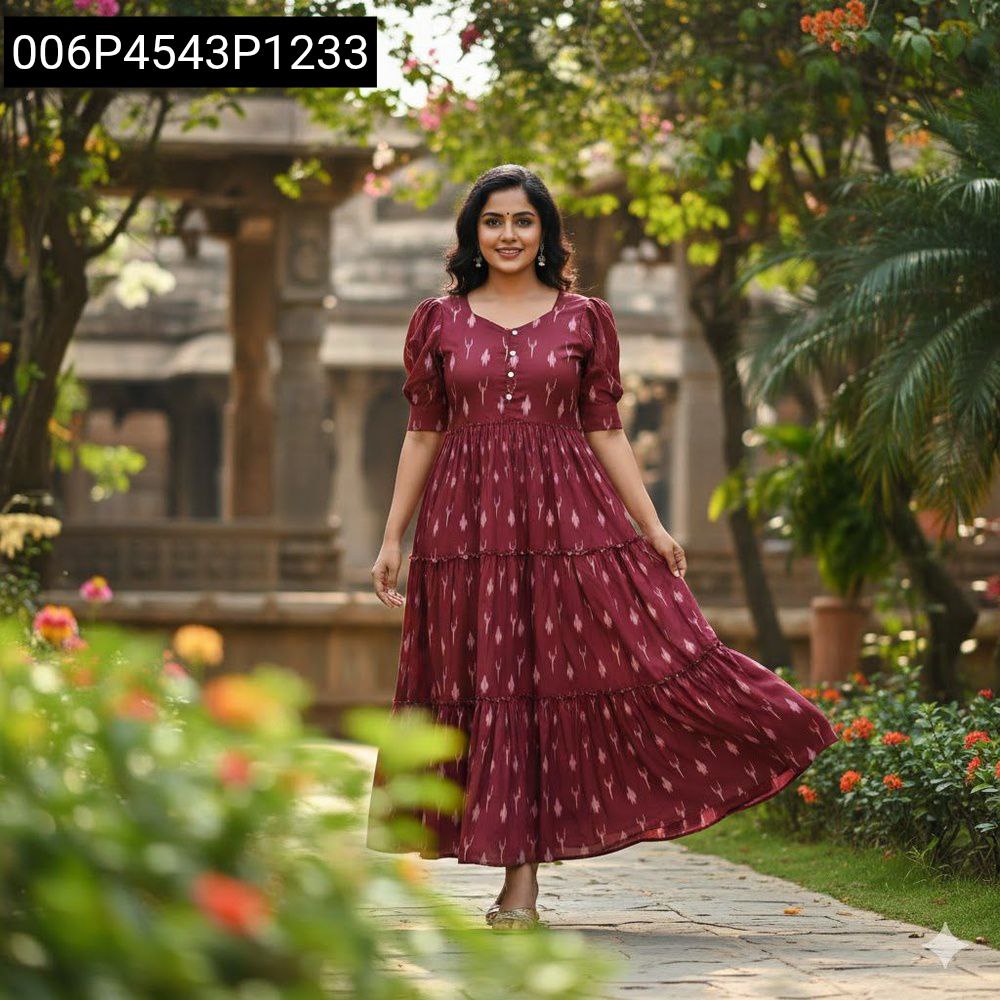 Women's Soft Cotton Floral Tiered Maxi Dress Maroon Ikat / M Women's Soft Cotton Floral Tiered Maxi Dress Maroon Ikat / M