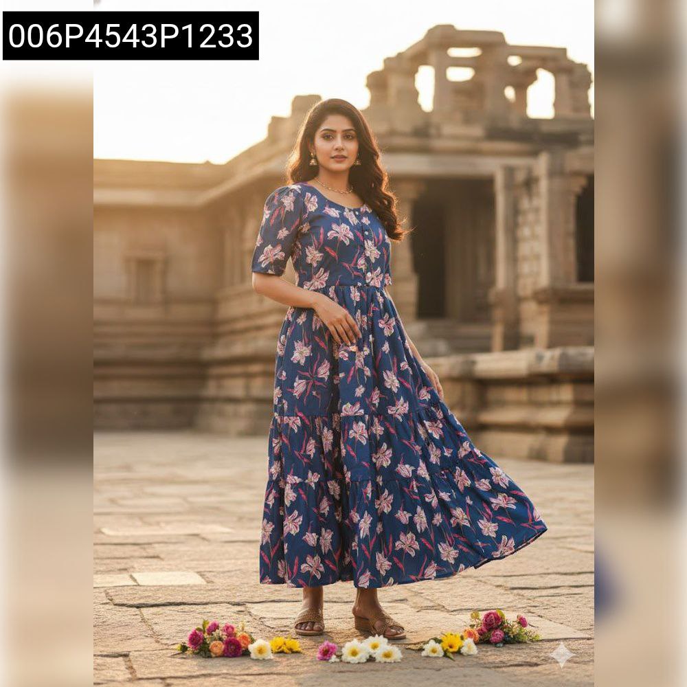 Women's Soft Cotton Floral Tiered Maxi Dress Blue Floral / L