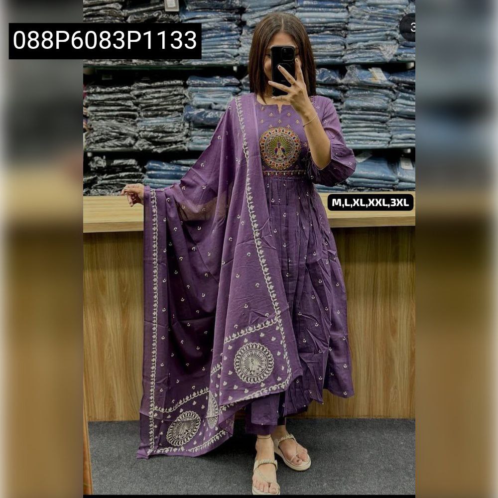 Full body shot of model in Lavender Tier Pattern Anarkali Kurti Set, showcasing flowy silhouette and matching dupatta.