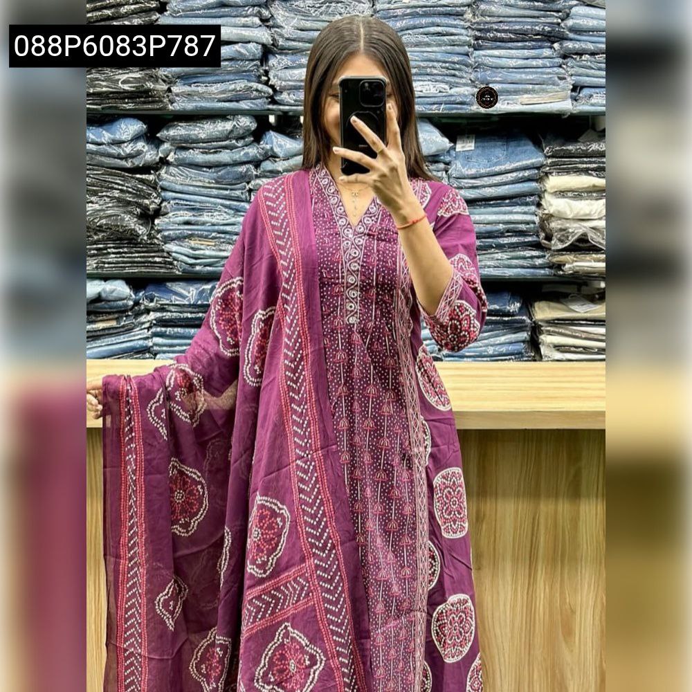 Women's Purple Tiered Anarkali Kurti Set (Bandhani-like Print), full body model view