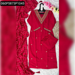 Premium Tomato Pink Roman Silk Embroidered Kurti Set for Festive Celebrations