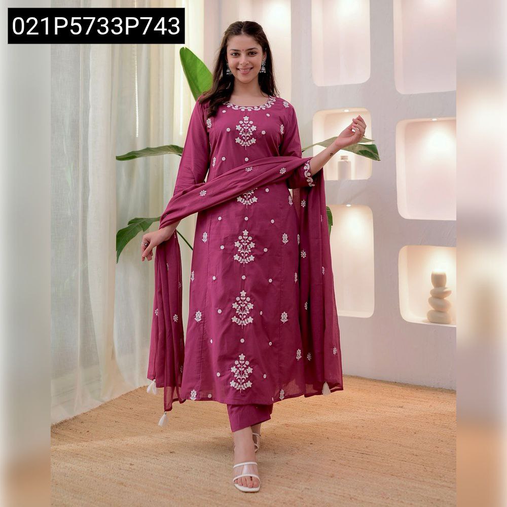 Front view of model in Magenta Embroidered Rayon Slub Kurta Set with Chanderi Dupatta