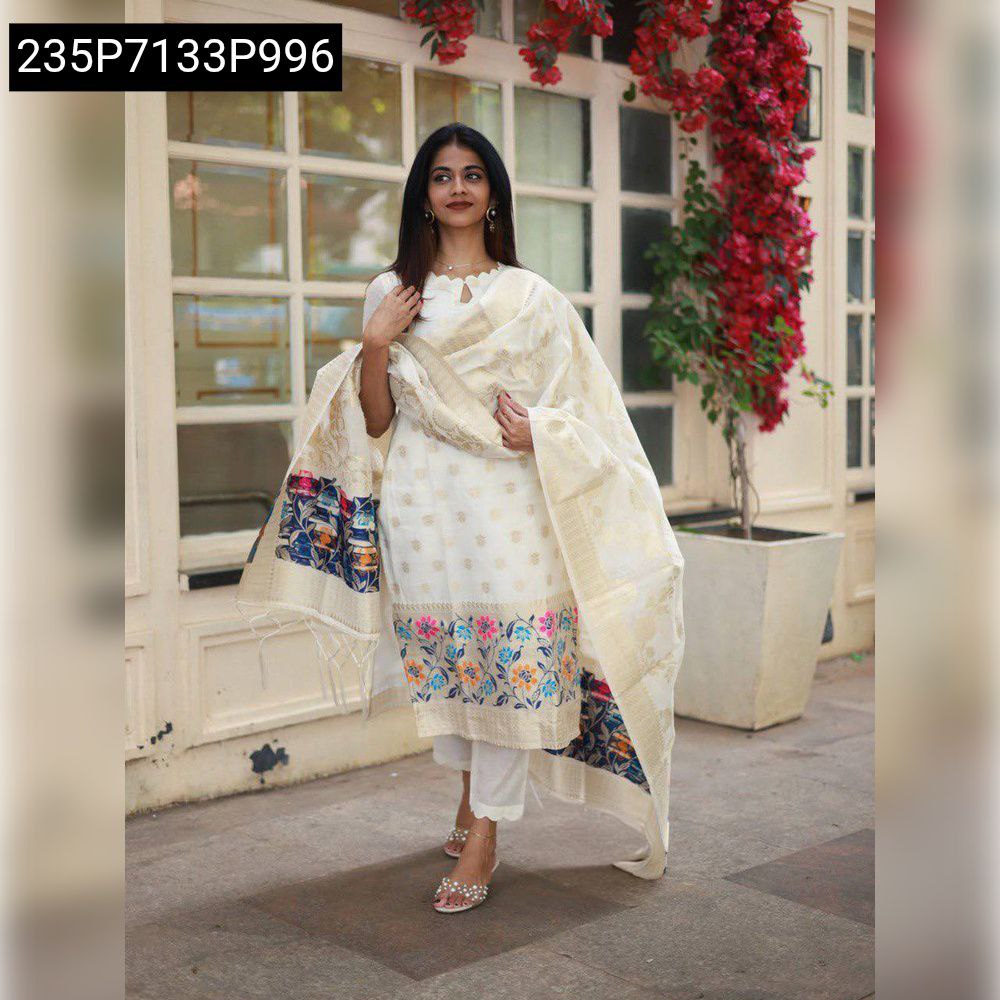 Full body shot of model wearing off-white kurta set with colorful embroidered dupatta