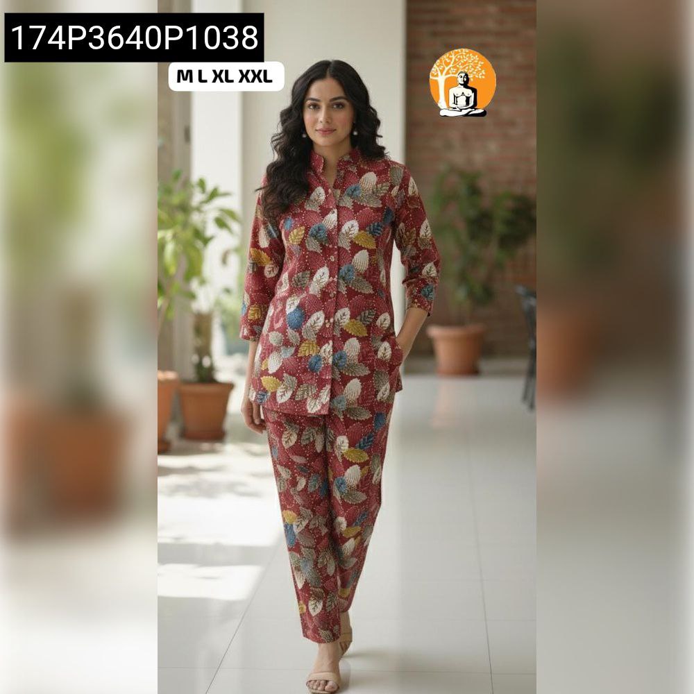 Woman model in a maroon foliage foil print co-ord set, front view