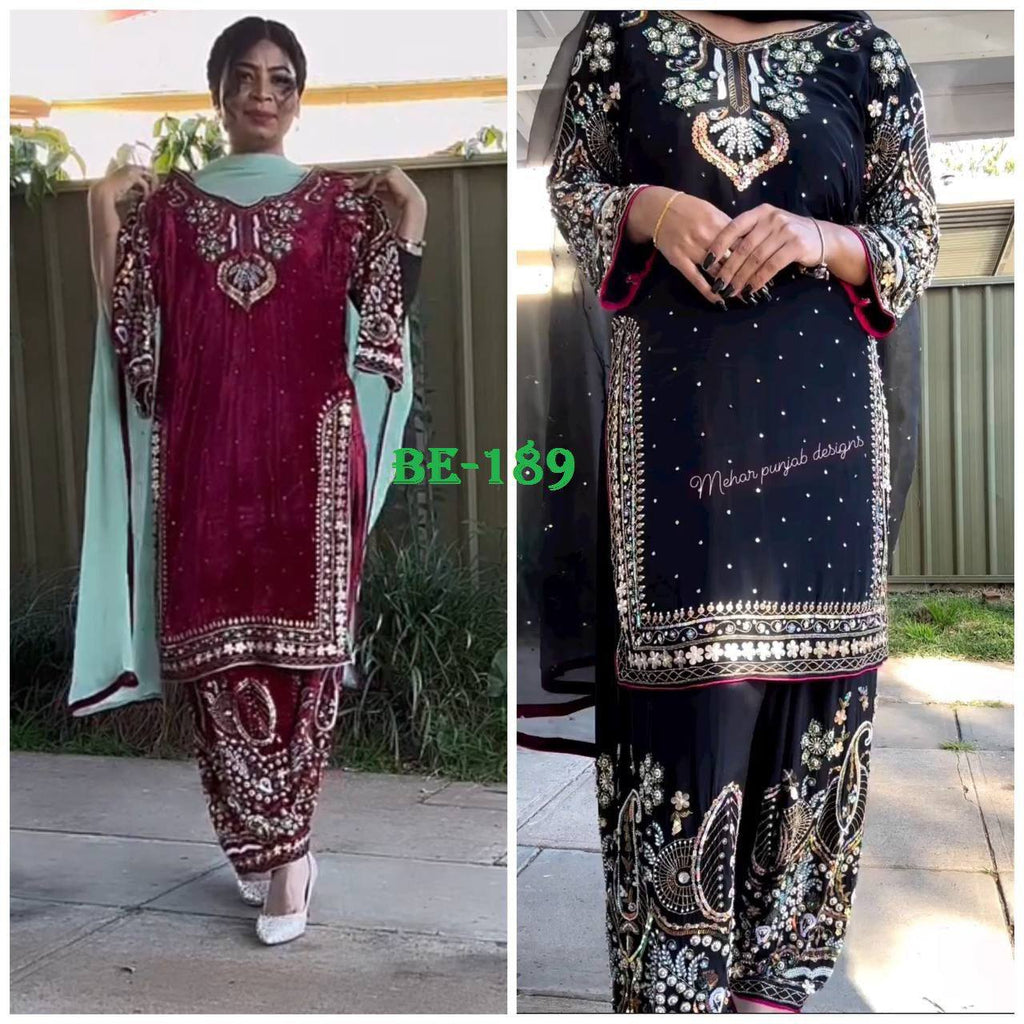 Model showcasing a maroon velvet cording sequence embroidered suit and a black velvet cording sequence embroidered suit