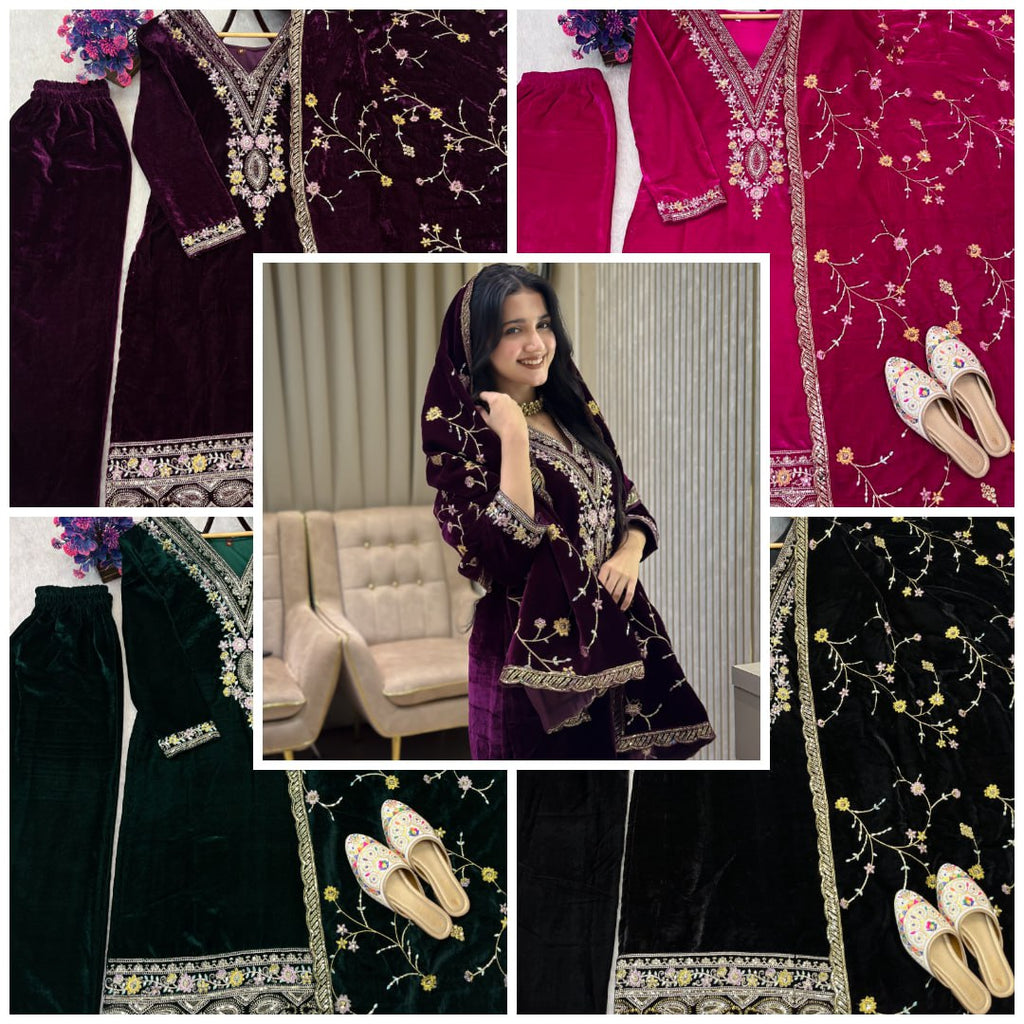 Collage of Women's Velvet Embroidered Winter Suit Set in multiple colors, featuring a model in Wine Purple.