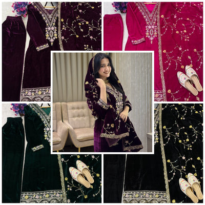 Women's Velvet Embroidered Winter Suit Set | Elegant Festive Wear