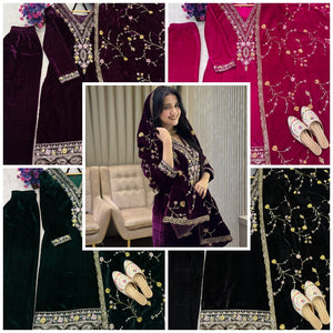 Women's Velvet Embroidered Winter Suit Set | Elegant Festive Wear