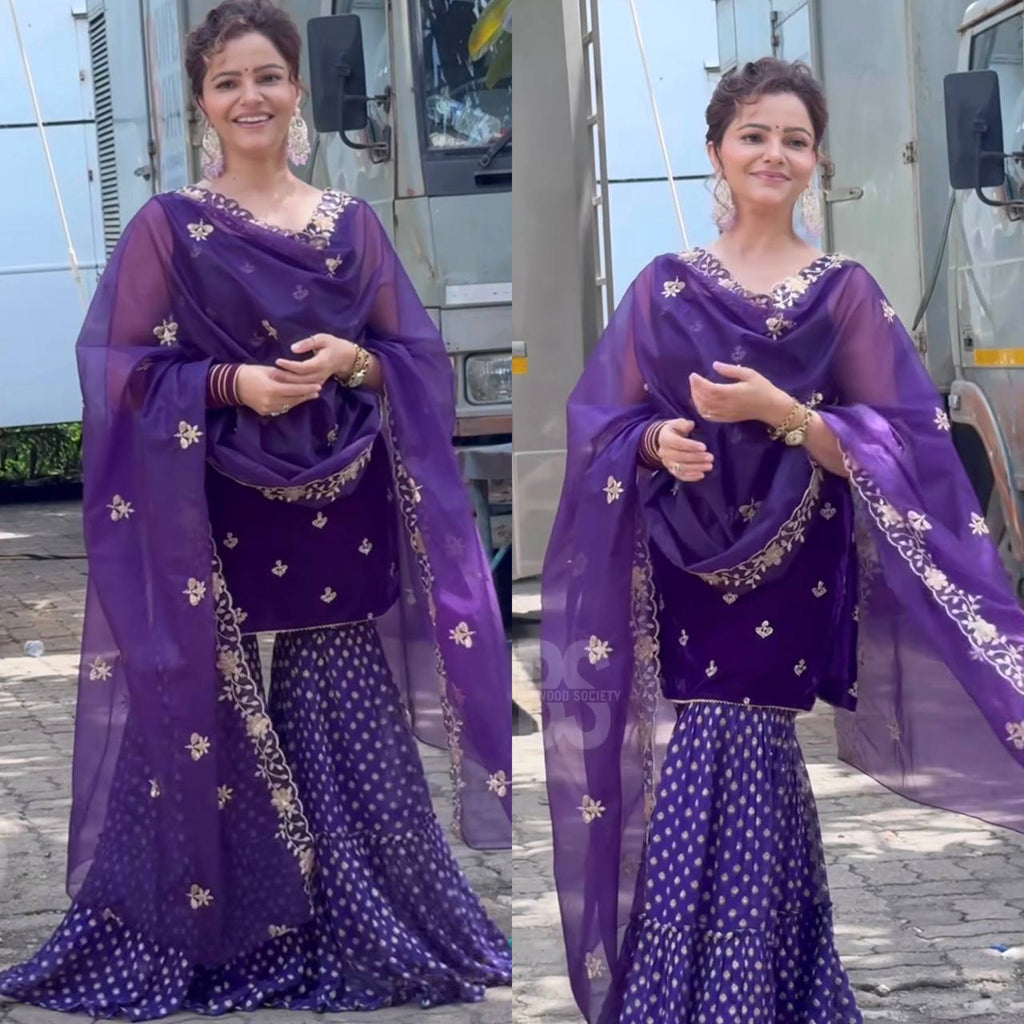 Women's Lavender Velvet Sharara Set with Embroidery, full body model posing elegantly