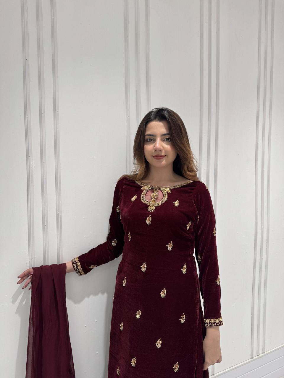 Women's Maroon Velvet Plazzo Suit with Sequence Embroidery, Model Posing elegantly with Dupatta