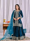 Women's Peacock Blue Velvet Sharara Suit | Designer Party Wear Ethnic Ensemble Online