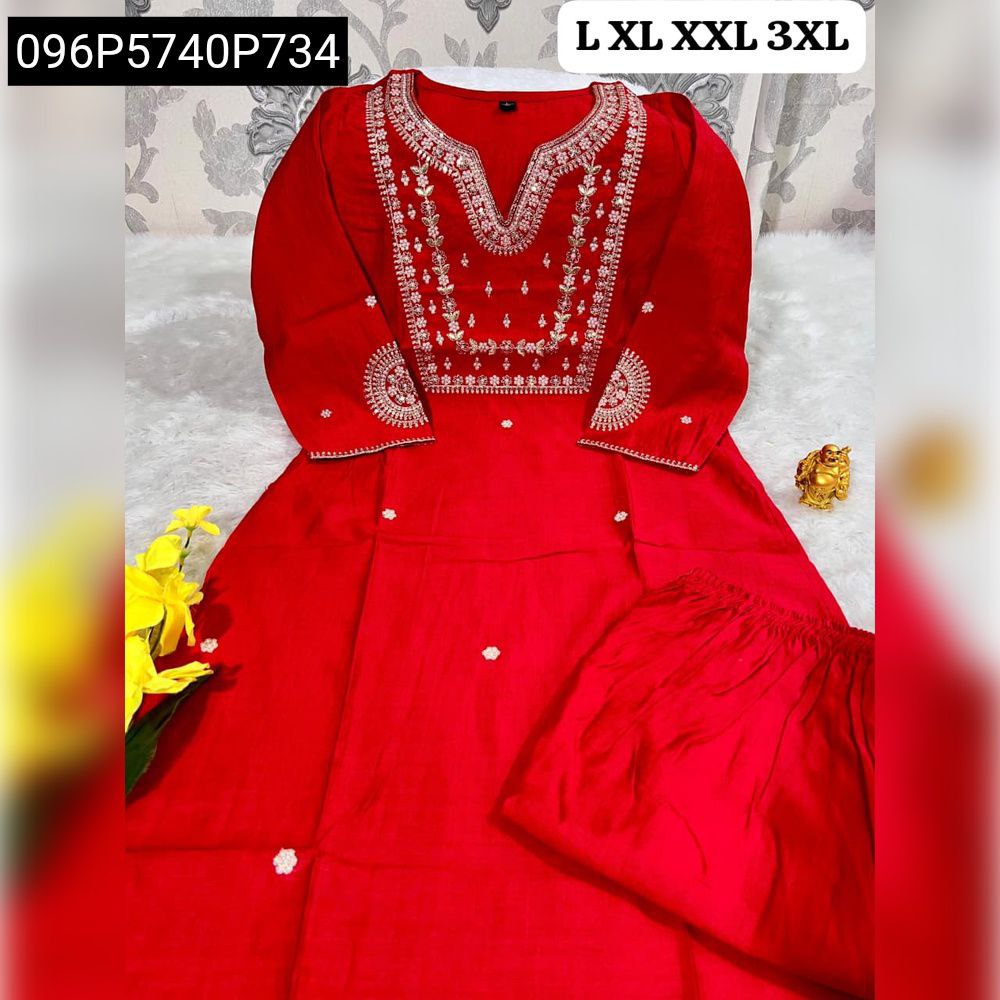 Red Vertigan Cotton Embroidered Kurta with Pant, L XL XXL 3XL available