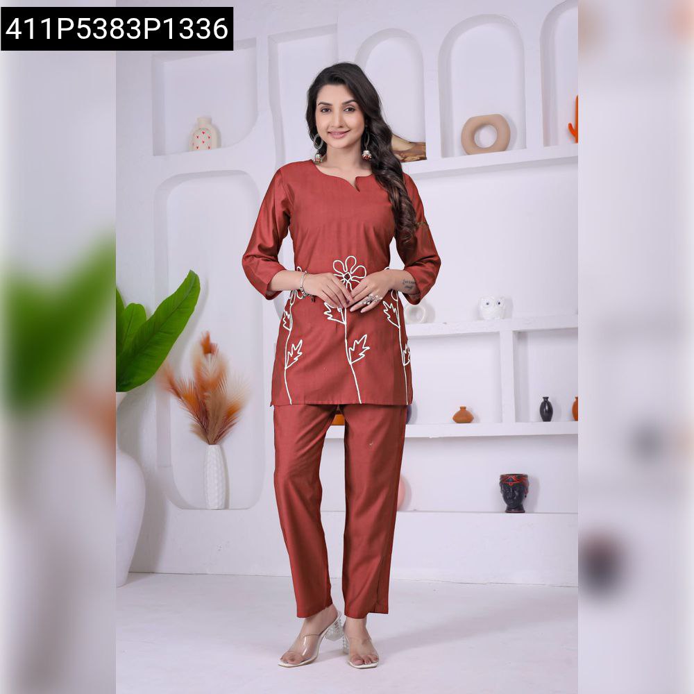 Women's Terracotta Viscos Co-ord Set, front view, full body model, showcasing floral embroidery.