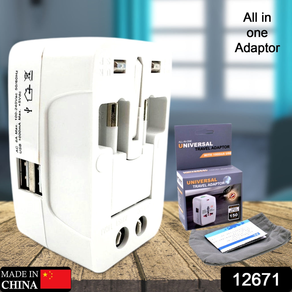 All-in-one universal travel adapter with AU UK US EU plugs & USB charging ports