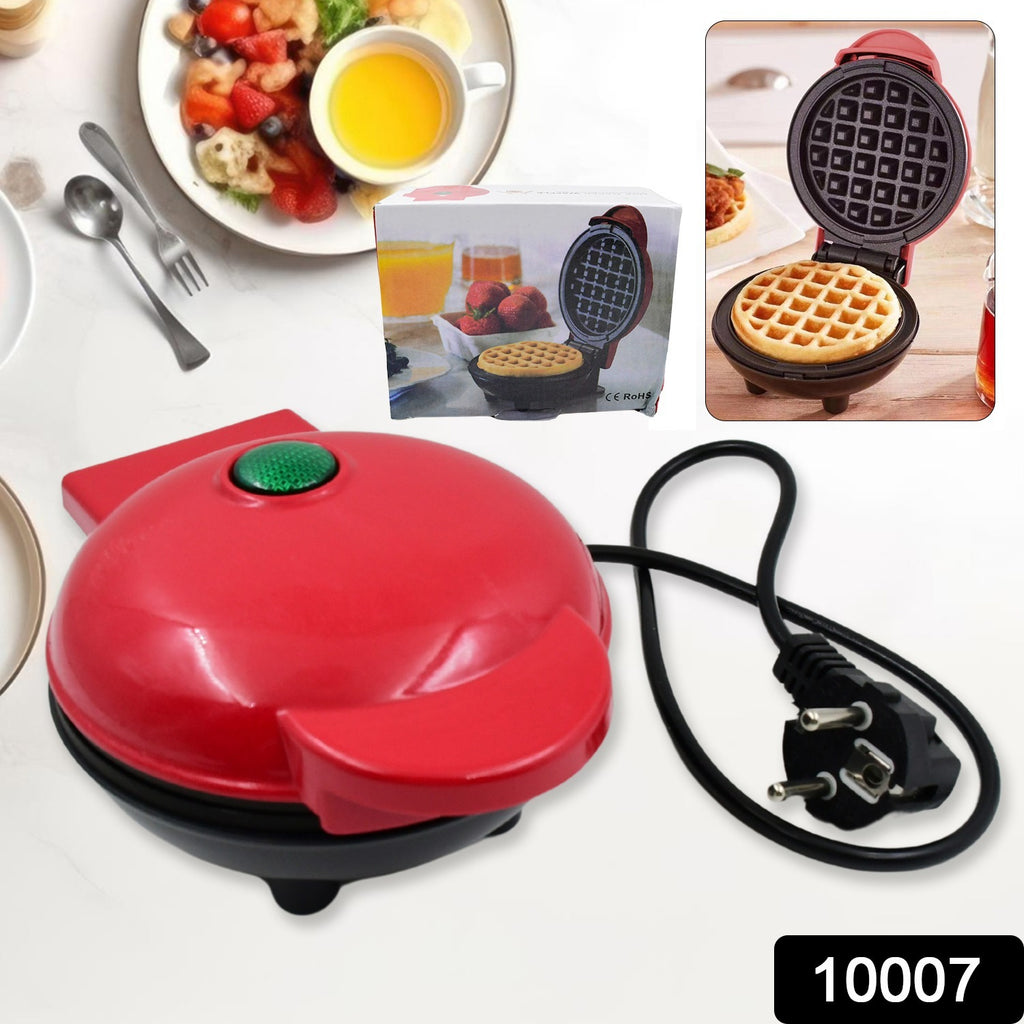 Red mini waffle maker machine cooking a perfect breakfast waffle, showing non-stick easy-clean surfaces.