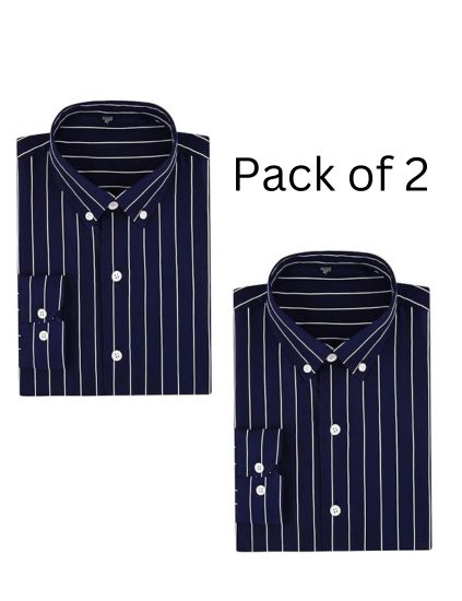Men's Casual Business Vertical Striped Sleeved Button Up Dress Shirt ( Pack of 2 ) M