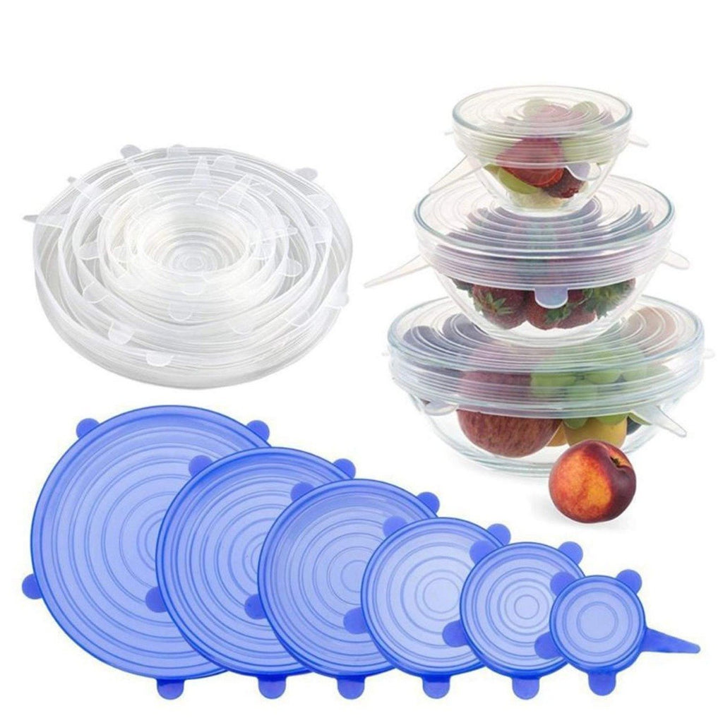 Colorful silicone stretchable lid set for containers, showcasing various sizes and flexible design.
