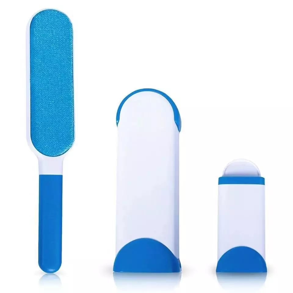 Person using double-sided, self-cleaning pet hair remover to effectively remove fur from fabric
