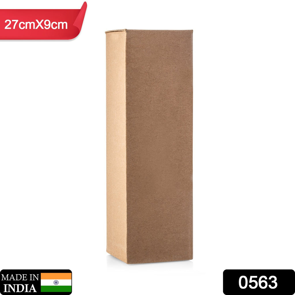 Brown 9x9x27 corrugated cardboard box for product packing, displayed flat.